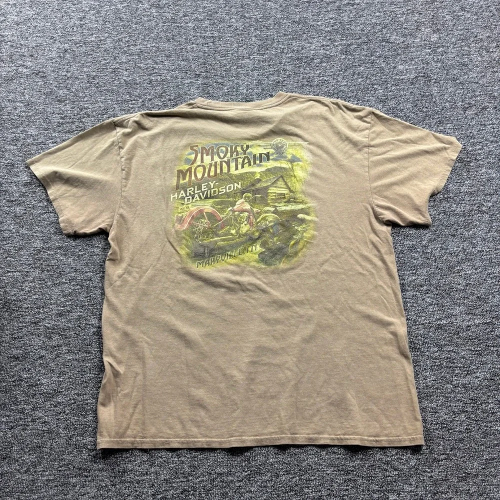 Grunge Harley Davidson Biker Smoky Mountain Brown Pocket T-Shirt Size Large - Picture 5 of 6
